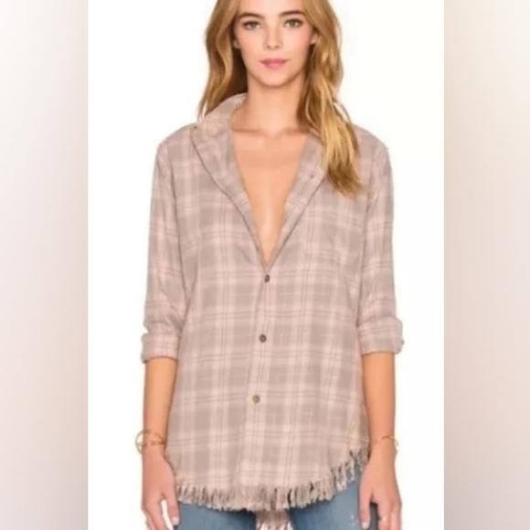 Current Elliott Pink and Gray Flannel Fringed Shirt Plaid Print - Picture 1 of 11